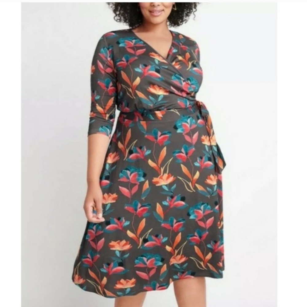 Ryllace Floral Fall Colorful Business‎ Casual BOHO Womens Midi Dress Size 2x